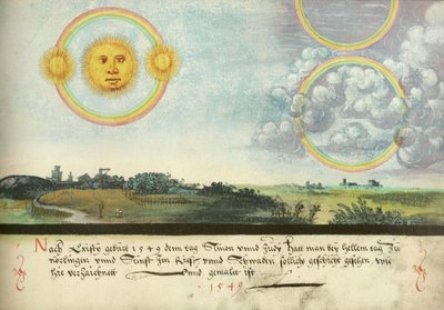 Augsburger Wunderzeichenbuch — Folio 165: Fünf Sonnen über Leipzig 1551 von Unbekannt Unbekannt